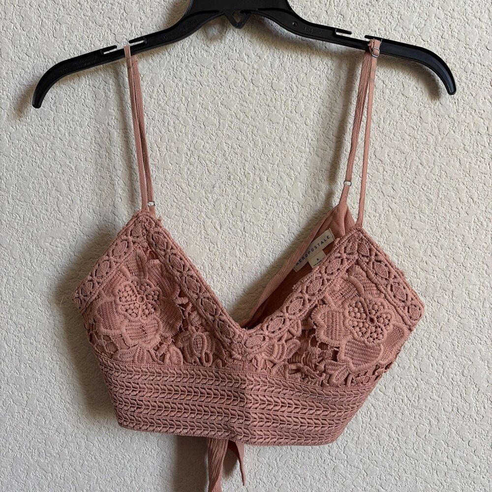 Aeropostale Crochet Lace Tie Crop Top Bralette Pink Small Hippie Boho Festival
